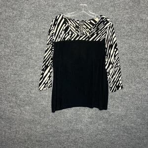 Chicos Travelers Womens Tunic Shirt Sz Large Black Printed Artsy Slinky Stretch